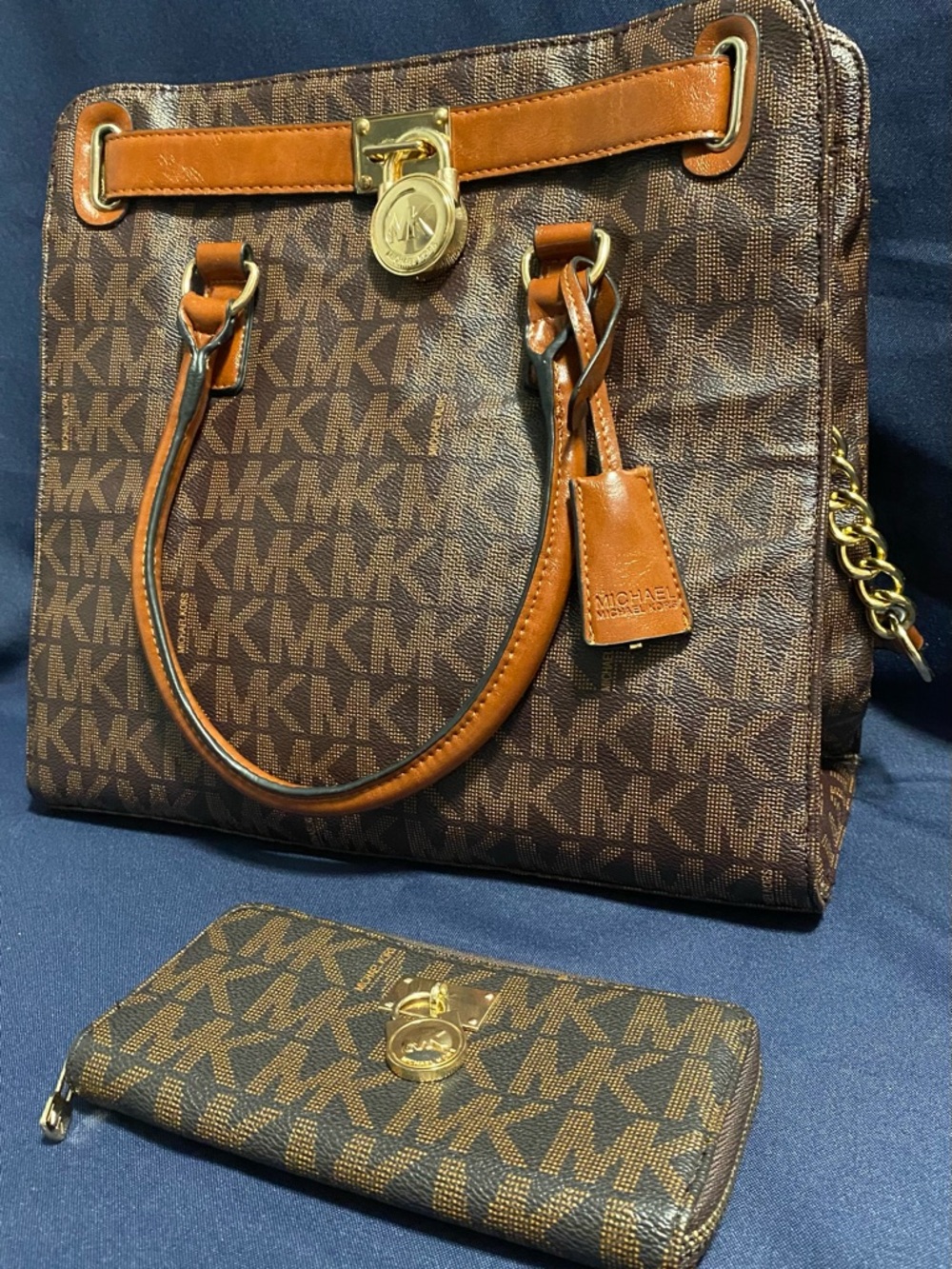 Michael Kors Brown MK Logo Tote with Tan Leather Trim and Matching Wallet